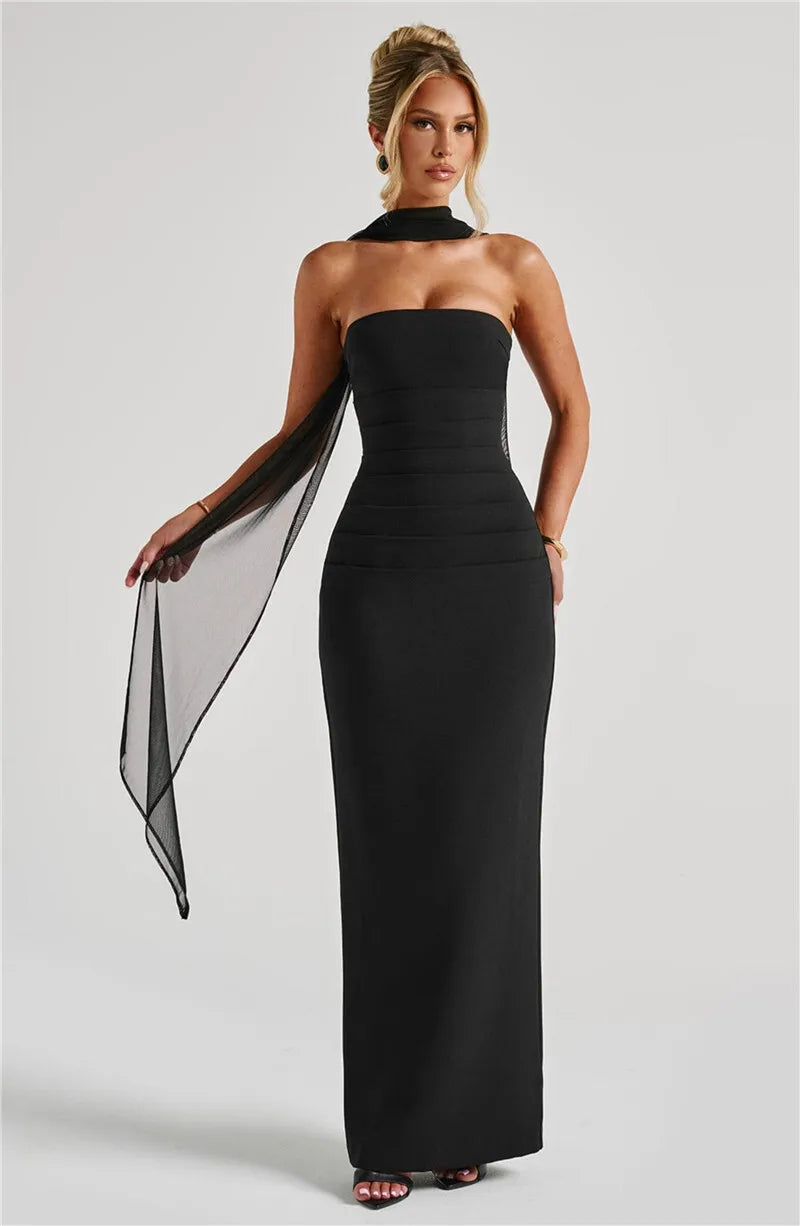 Scarf Collar Strapless Off - shoulder Long Dress