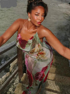 Floral Print Backless Halter Dress with Split for Women