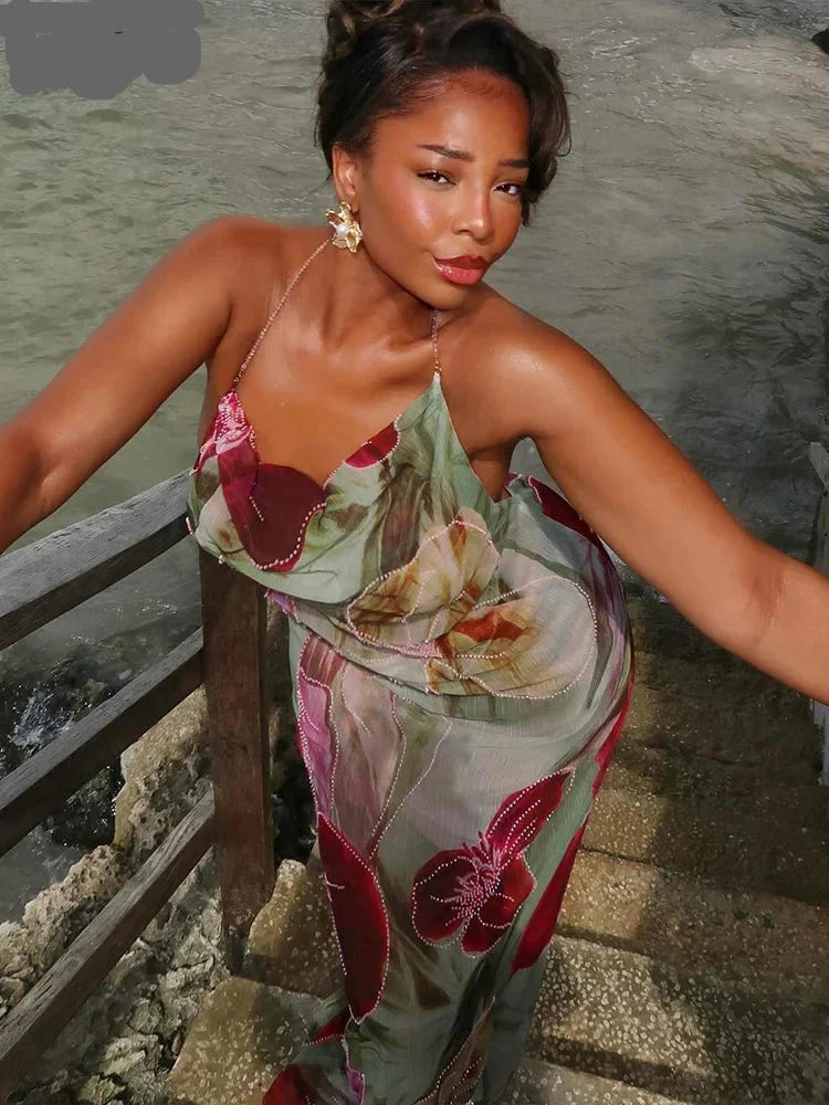 Floral Print Backless Halter Dress with Split for Women
