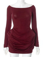 Pleated Off - Shoulder Long Sleeve Mini Dress