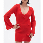 3D Flower Hand Crotch Full Flare Sleeve Sweater Dress