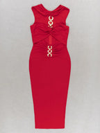 Red Metal Strapless Design Bodycon Midi Dress