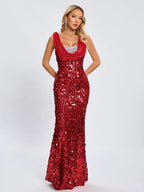 Swinging Neck Sequins Red Long Dress