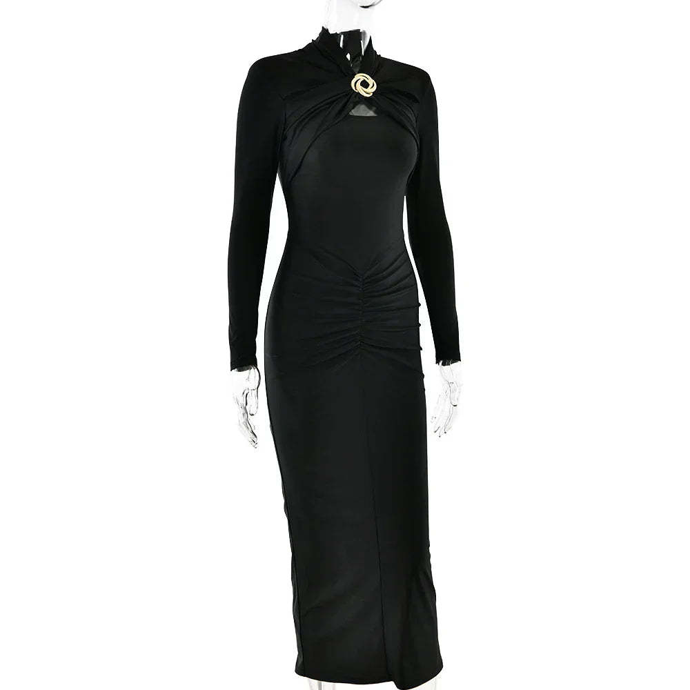Long Sleeved Pleated Hollowed Out Maxi Dress