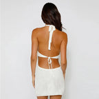 Hollow Knit V Neck Halter Mini Summer Dress