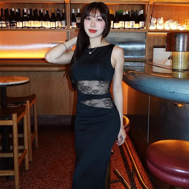 Sheer Lace O Neck Bodycon Long Tank Dress