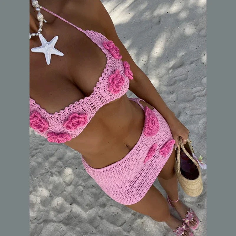 Knit Crochet Flower Mini Skirt Halter Three Piece Swim Sets