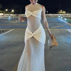 White See - Through Pleated Mesh Long Dress