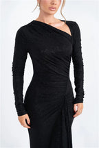 Long Sleeve Ruched Maxi Dress with Thigh - High Split