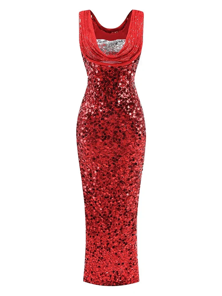 Swinging Neck Sequins Red Long Dress