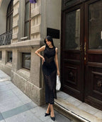 Sleeveless Patchwork Knit Maxi Dresses