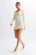 Ruffled Contrast Bow Open Back Lace - Up Knit Mini Dress