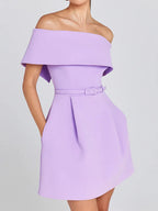Belt Patchwork Short Sleeve Off The Shoulder Dress