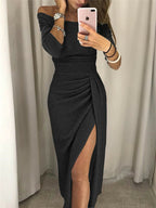 Lucía Minimalist Glitter Dress with Off the Shoulder Shoulders Statement Occasion Edit