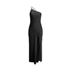 Backless Satin Slant Shoulder Solid Slit Long Dress