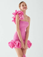 Pink One Shoulder Ruffles Mini Dress