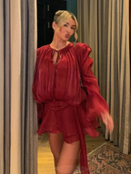 Shiny Pleated Full Sleeve Round Neck Lace Up Work Dress