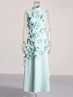 3D Flower Appliqué Mock Neck Midi Dress