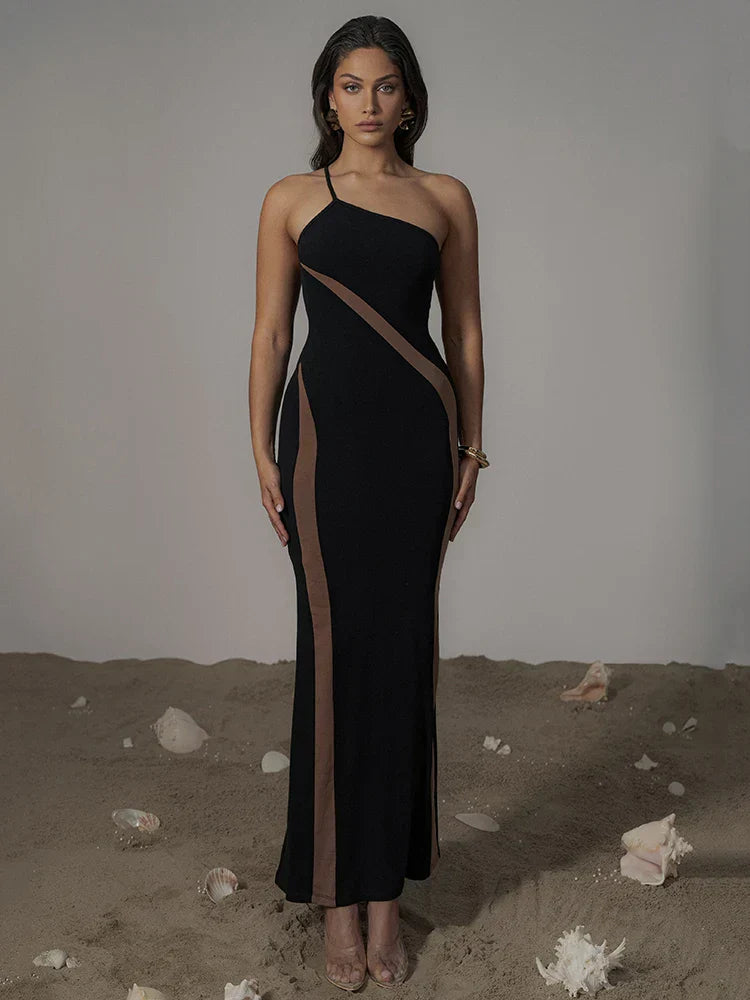 Black Mesh Patchwork One Shoulder Maxi Dress
