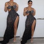 Spaghetti Strap Mesh Black Long Dress