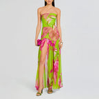 Printed Strapless Pleated Midi Dress