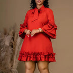 Women Solid Pleated Ruffles Hem High Neck Mini Dress