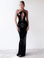 Gold Sequin Spaghetti Strap Hollow Long Dress