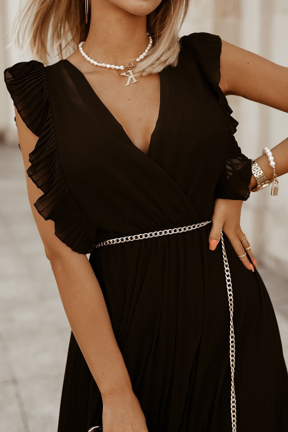 Celia Effortless Black Maxi Dress with Pleats Statement Occasion Edit