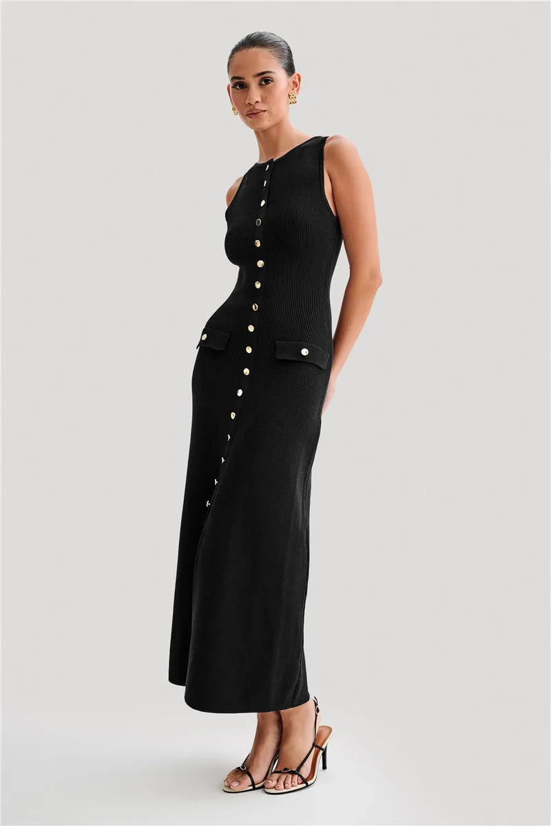 Knit Maxi Dress with Pockets Button - Front