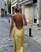 Backless Satin Slant Shoulder Solid Slit Long Dress