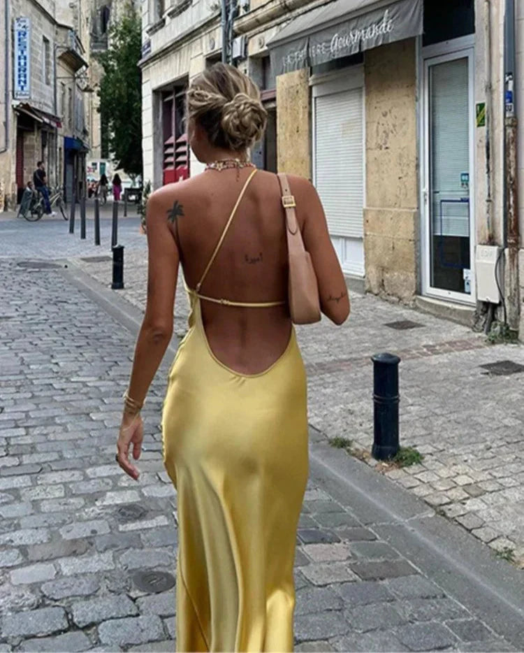 Backless Satin Slant Shoulder Solid Slit Long Dress