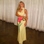 Print Yellow Spaghetti Strap Long Dress