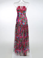 Strapless Retro Print Split Long Dress