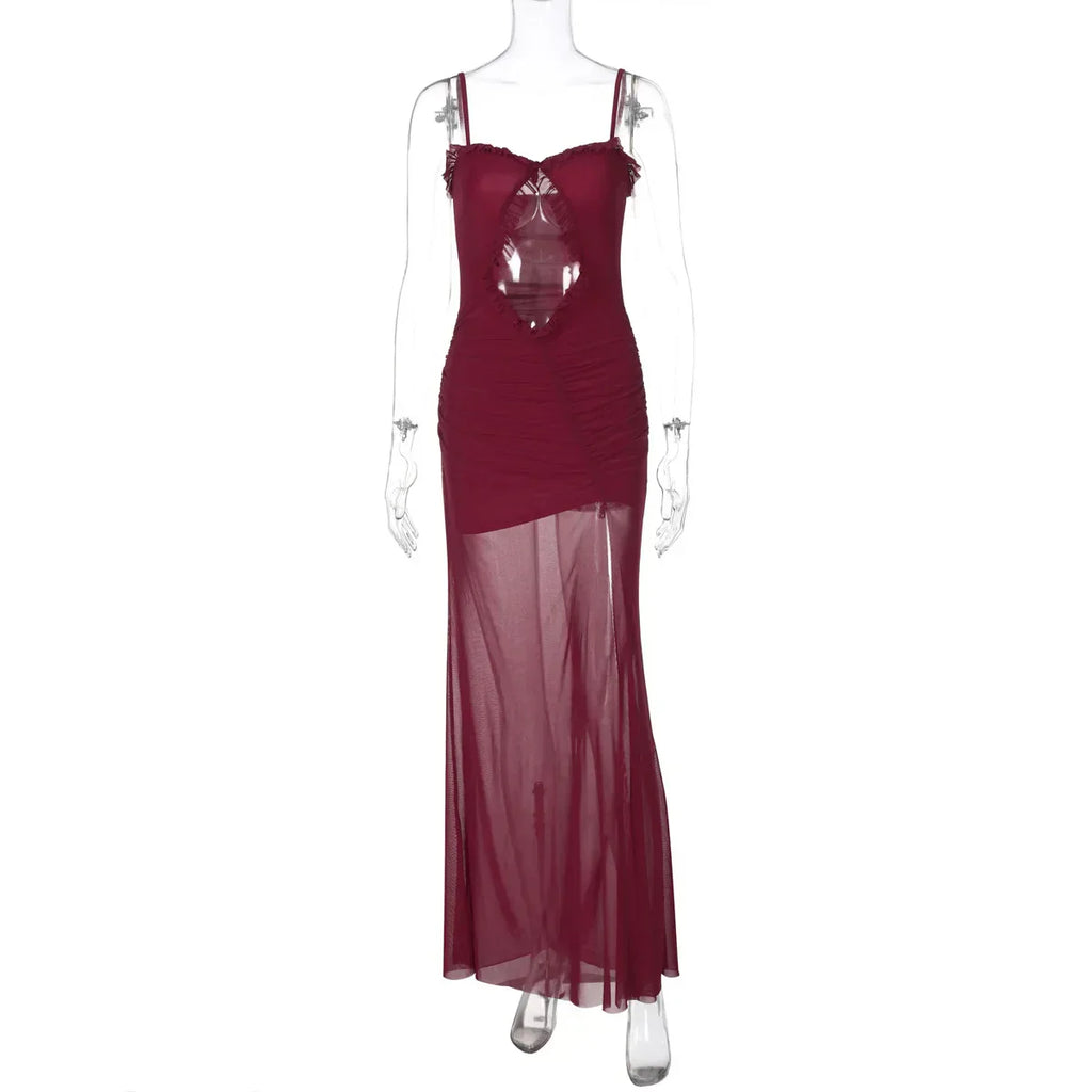 Mesh Patchwork Hollow Out Ruffled Long Dress