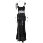 Sheer Mesh Spaghetti Strap Glitter Long Dress