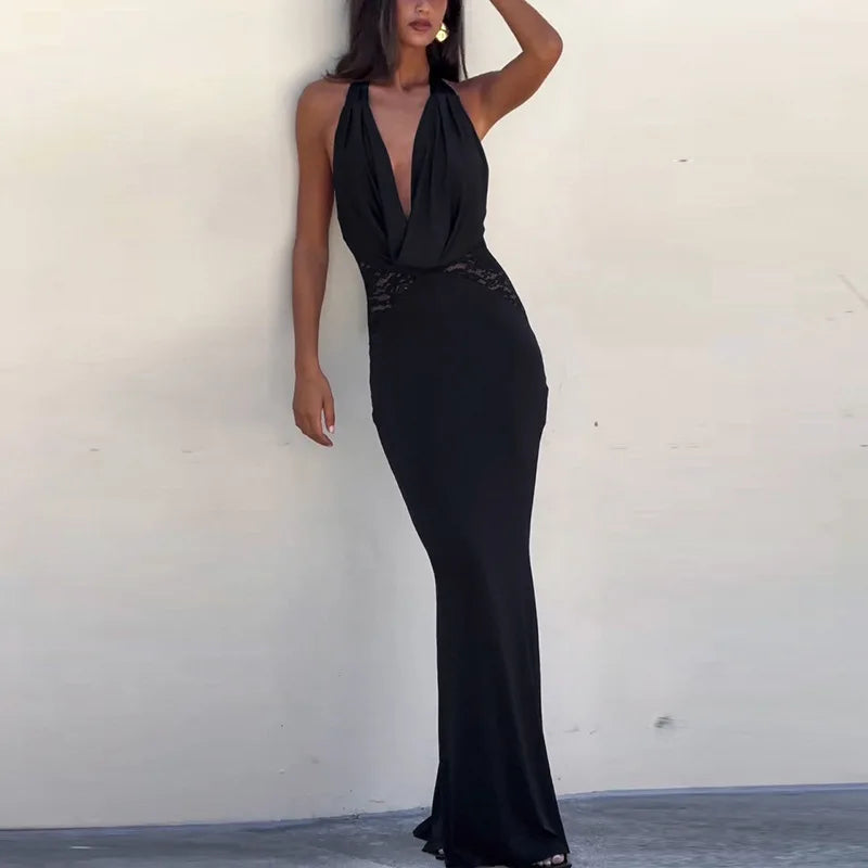 Halter Black Lace Off - shoulder Long Dress