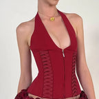 Cross Tie Zipper Slim Off Shoulder Backless Cami Top