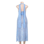 Sheer Lace Sash Halter Neck Ruffle Hem Dress