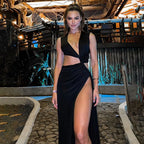 Deep V Cut Out Slit Asymmetrical Long Dress