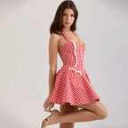 Plaid Wrap Halter Backless Mini Summer Dress