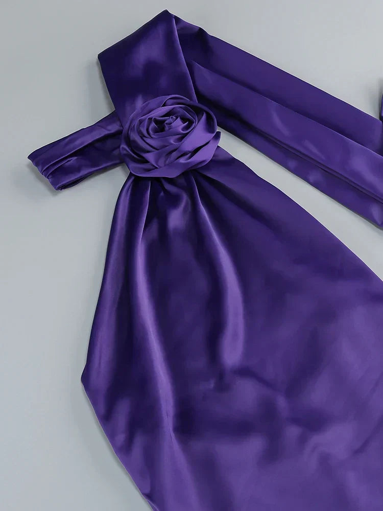 Purple Satin Halter Neck 3D Flower Scarf Maxi Dress