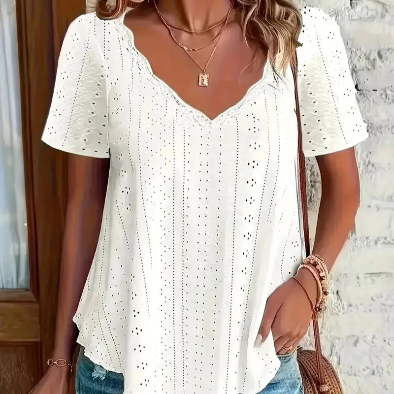 Eyelet Solid Vneck Tshirt