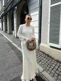 Autumn Ladies Elegant Flared Sleeve Knitted Dress Women Fashion Crew Neck White Slim Robes Summer Female Party Dresses