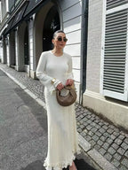 Autumn Ladies Elegant Flared Sleeve Knitted Dress Women Fashion Crew Neck White Slim Robes Summer Female Party Dresses