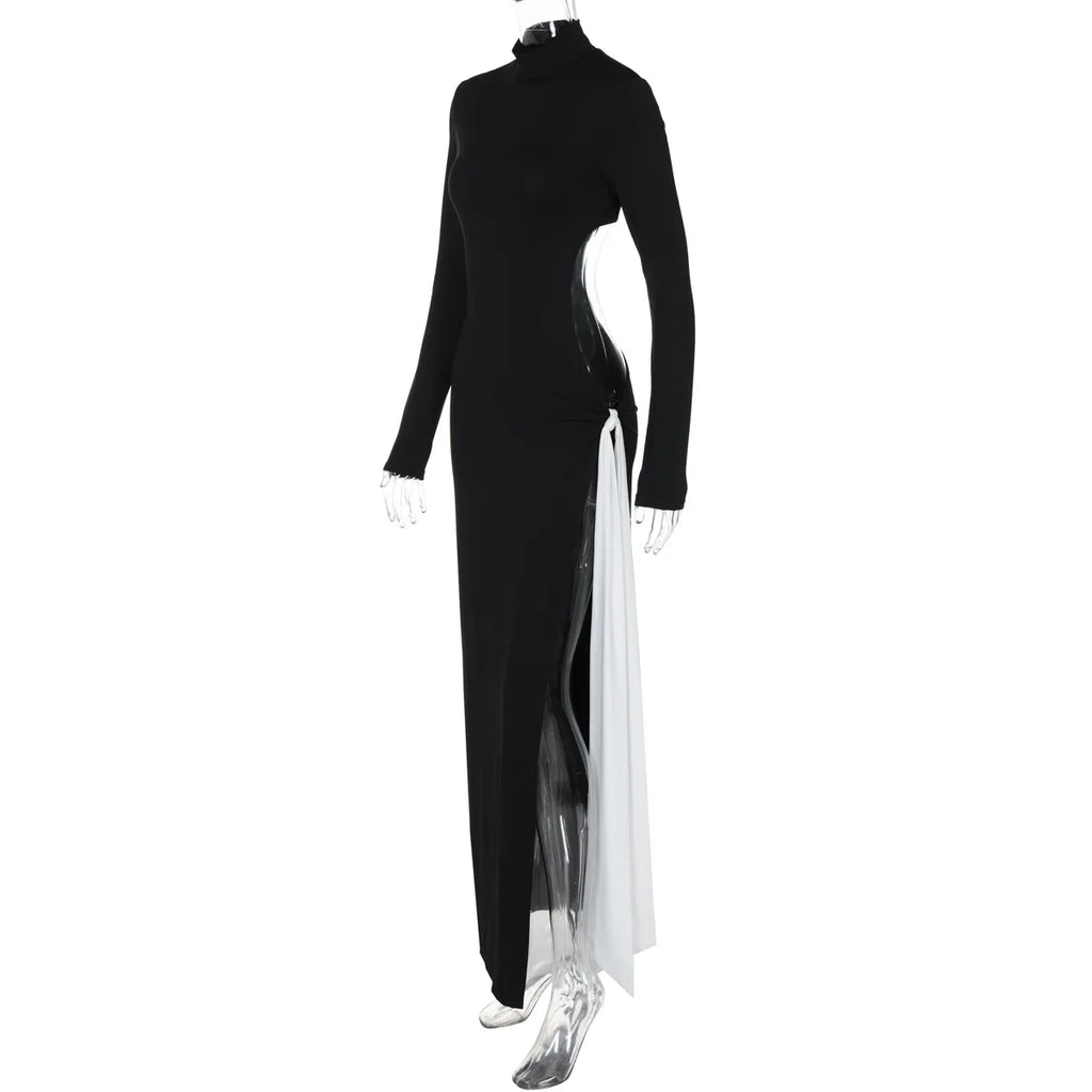 Turtleneck High Slit Contrast Color Ribbon Dress