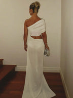 Mesh Backless One - Shoulder Long Dress