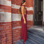 Halter Deep V Neck Lace Sleeveless Long Dress