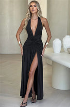 Open Back Solid Thigh High Split Long Dress