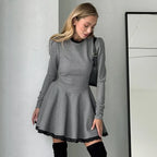 Patchwork Gray Long Sleeve A - line Mini Dress
