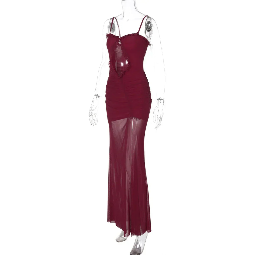 Mesh Patchwork Hollow Out Ruffled Long Dress